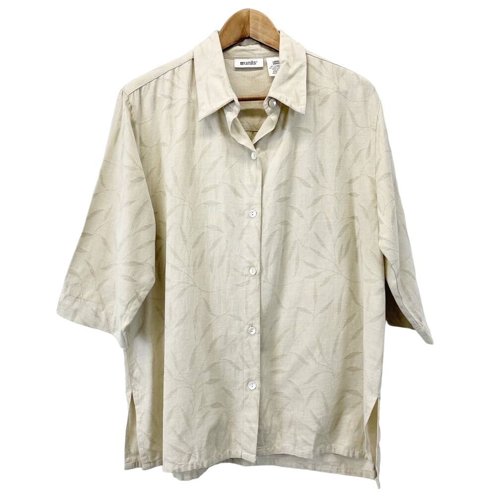 Units Womens Size L Linen Tunic Top Blouse Beige Tan Lagenlook Leaves‎ Floral
